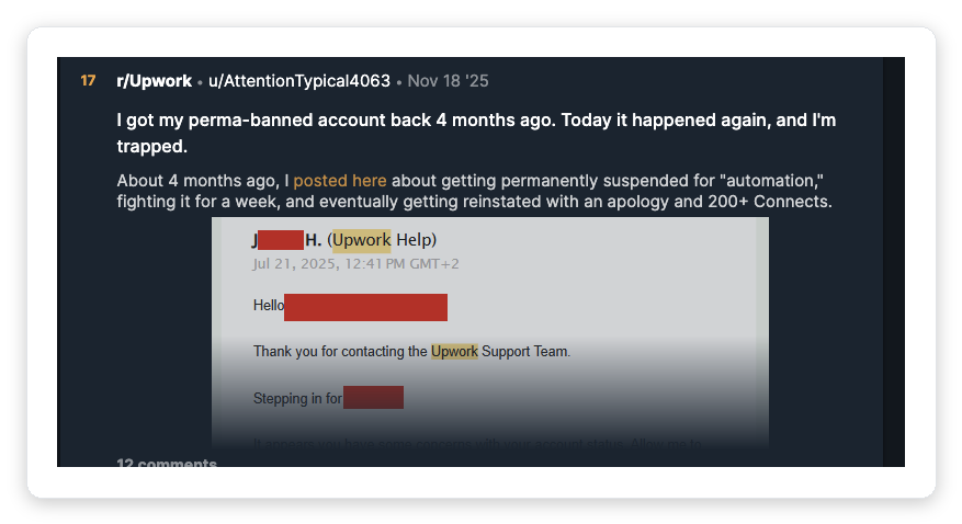 Reddit post from r/Upwork user describing being permanently banned twice for automation, with Upwork Support email response