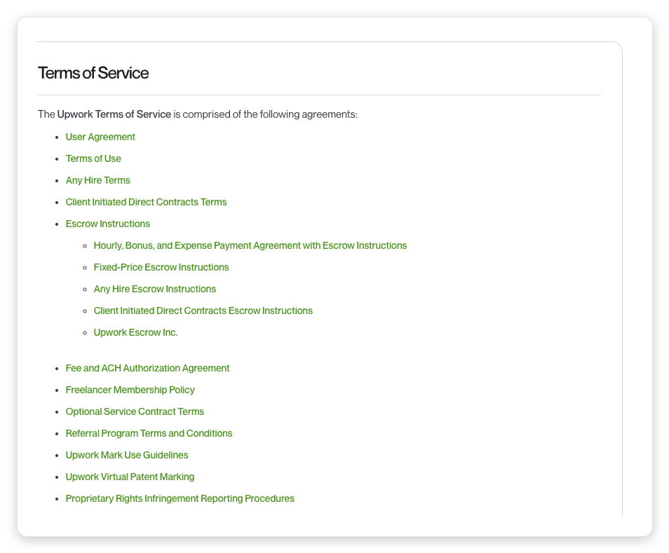 Upwork Legal Center showing the Terms of Service agreements that govern automation and bot usage on the platform