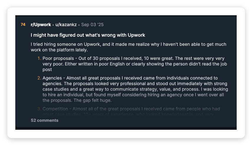 Reddit post from a client in r/Upwork explaining that almost all the great proposals they received came from individuals connected to agencies, not from solo freelancers