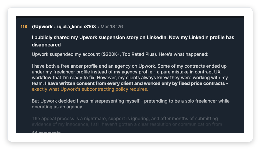 Reddit thread from u/julia_konon3103 in r/Upwork describing how Upwork suspended her $200K+ Top Rated Plus account because contracts accidentally landed under her freelancer profile instead of her agency profile