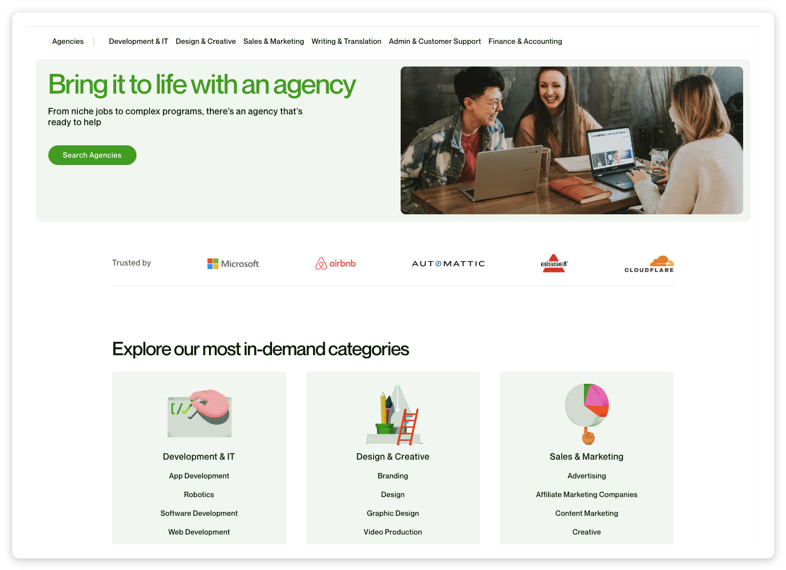 Upwork's agency landing page showing Microsoft, Airbnb, Automattic, Bissell, and Cloudflare as Trusted by clients with Development, Design, and Sales & Marketing as top in-demand agency categories
