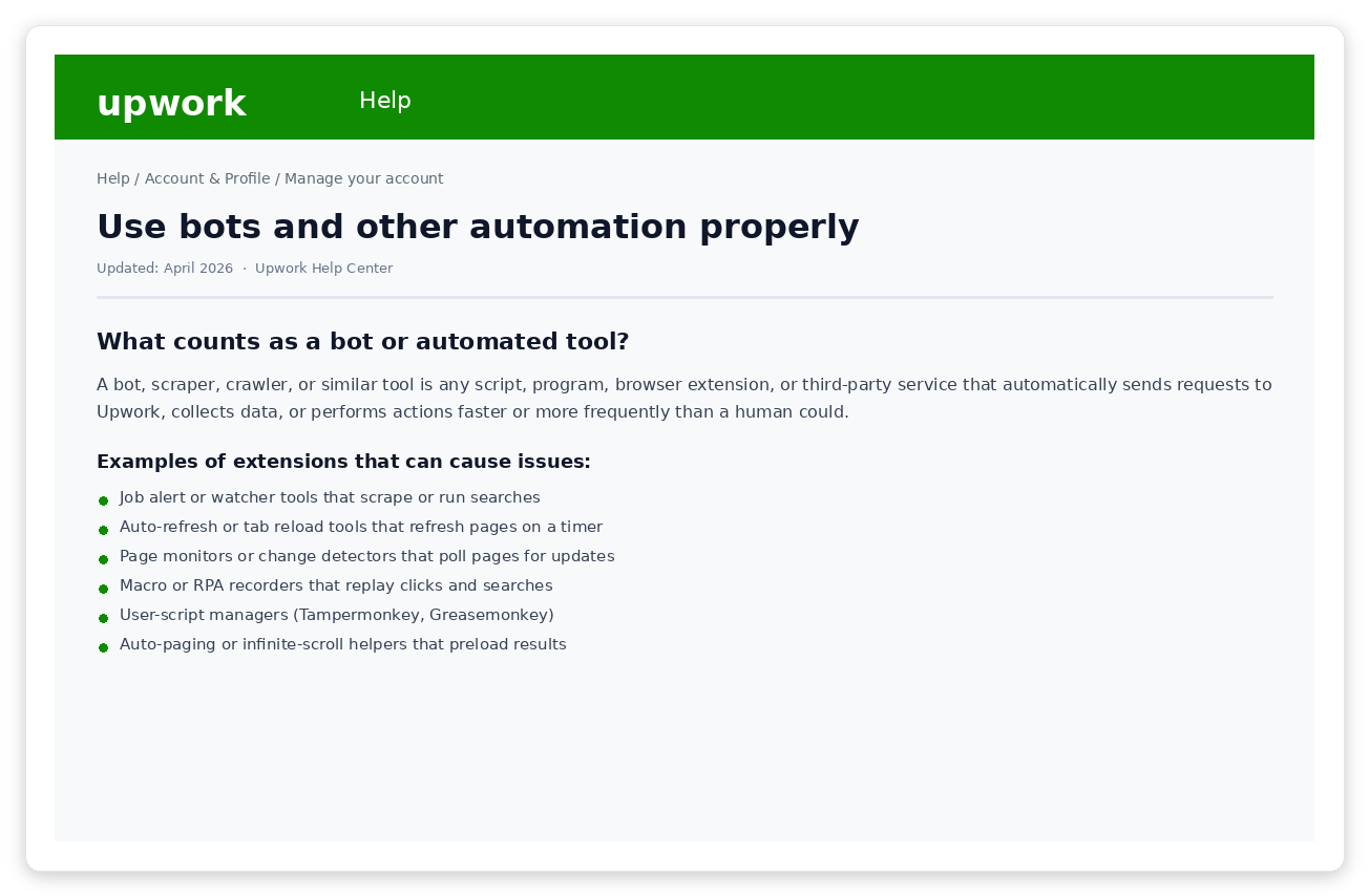 Upwork Help Center page on bots and automation policy