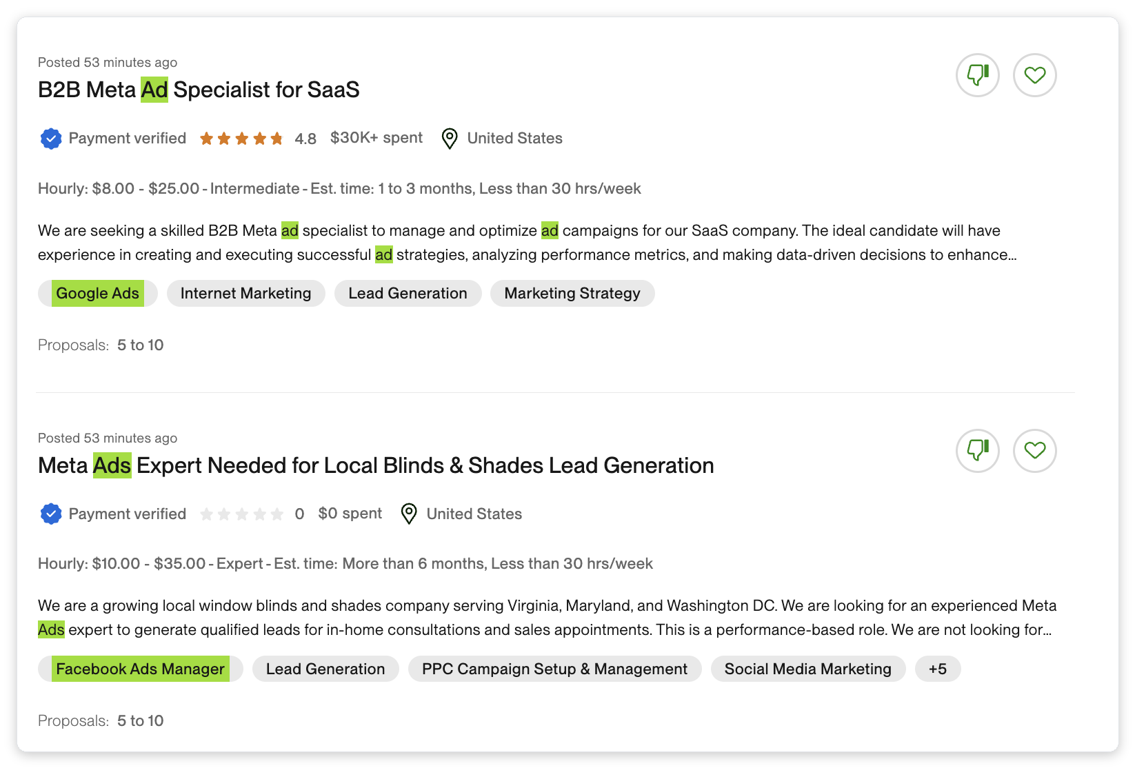 Real Upwork PPC and Meta Ads job postings showing budget chips, payment-verified clients, and proposal counts for PPC agency lead generation