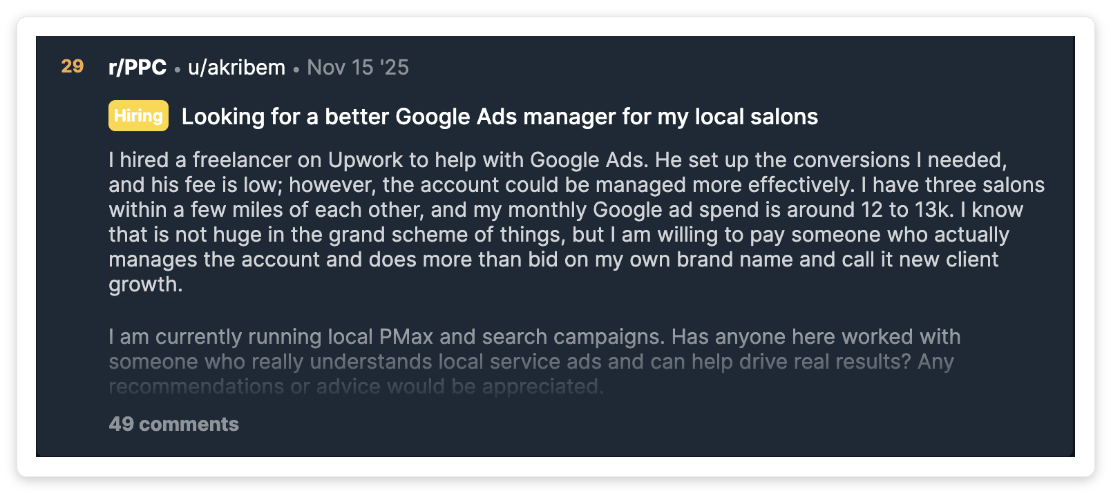 Reddit r/PPC thread from a local salon owner with $12-13K monthly Google Ads spend who hired a PPC freelancer on Upwork