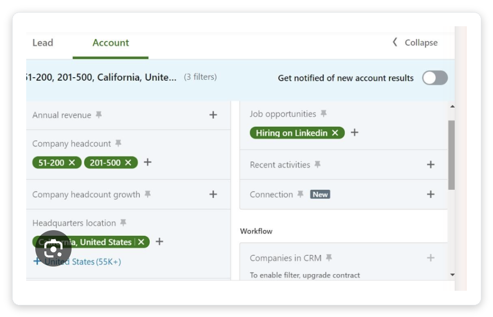 LinkedIn Sales Navigator advanced search filter sidebar showing account-level filters for headcount, location, hiring activity, and CRM integration