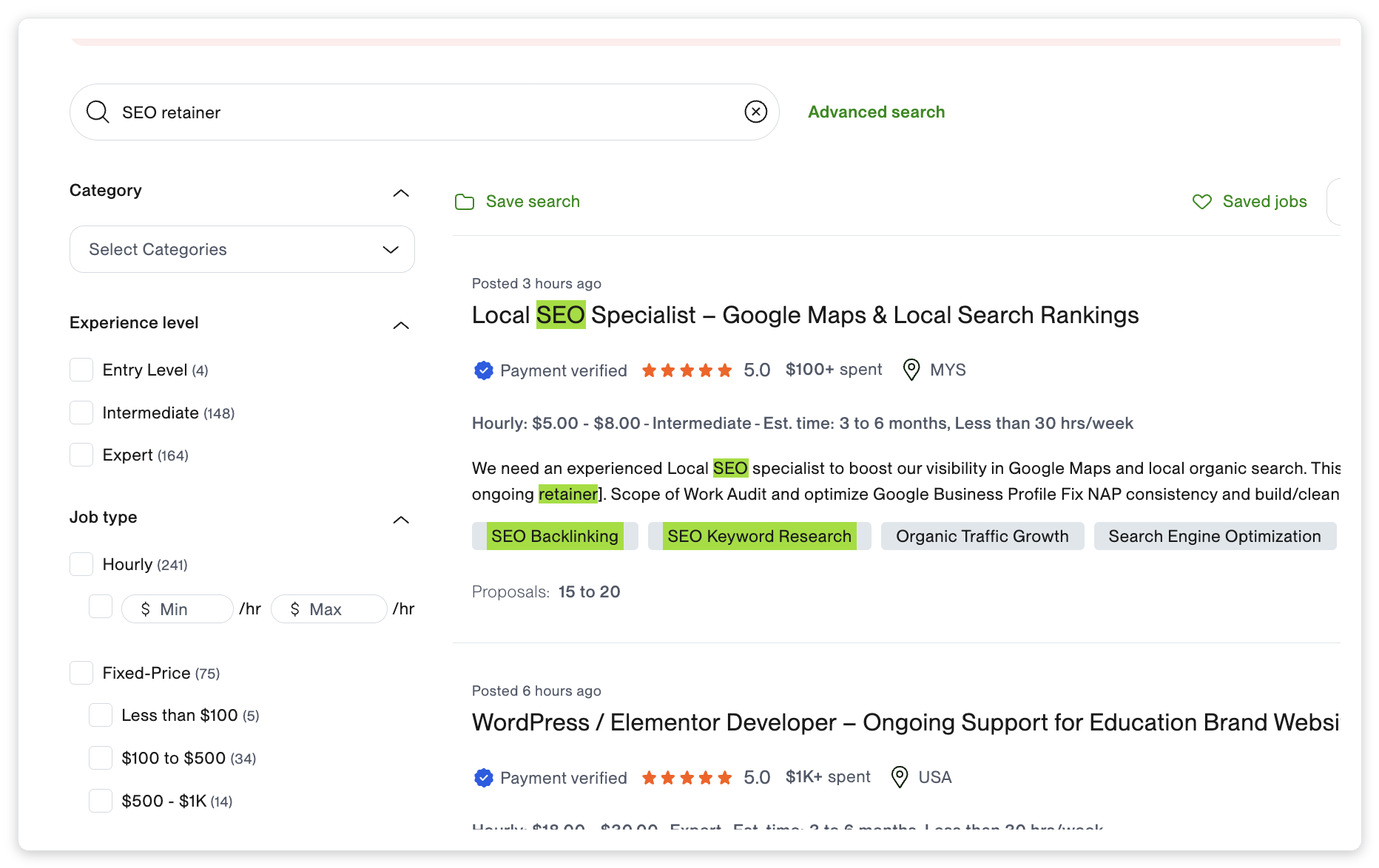 Upwork job search results for SEO retainer showing multiple active listings with budgets demonstrating client demand for ongoing SEO services