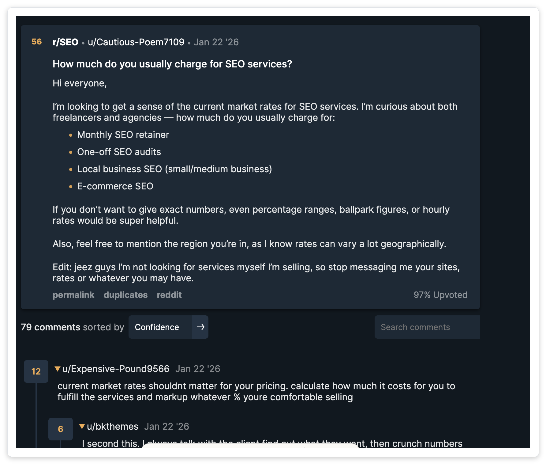 Reddit r/SEO thread where freelancers discuss SEO retainer pricing with comments sharing monthly rate ranges and advice on structuring packages