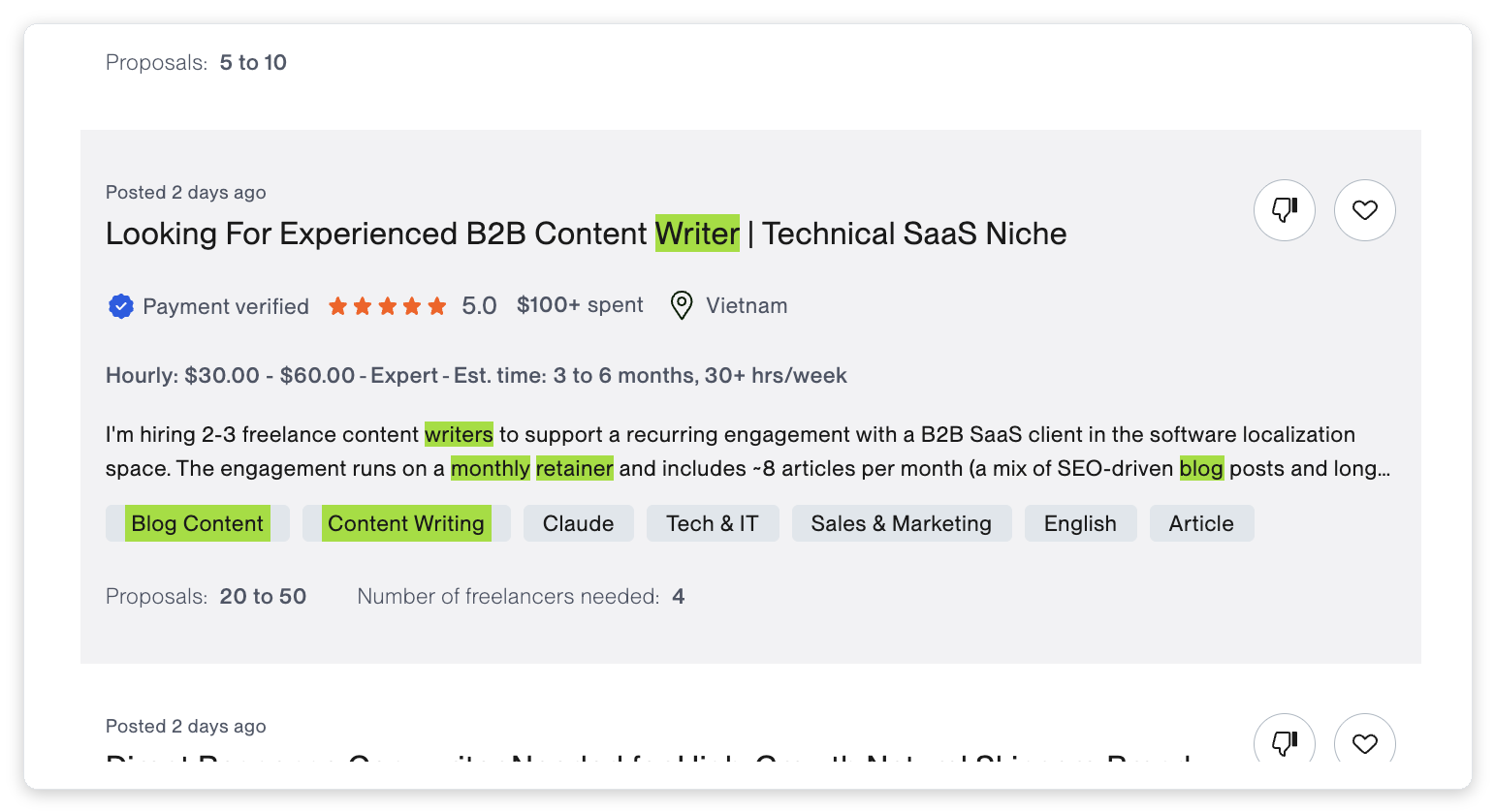 Upwork job search results for blog writing monthly retainer showing a B2B content writer listing offering 30 to 60 dollars per hour on a recurring monthly retainer for 8 SEO articles per month