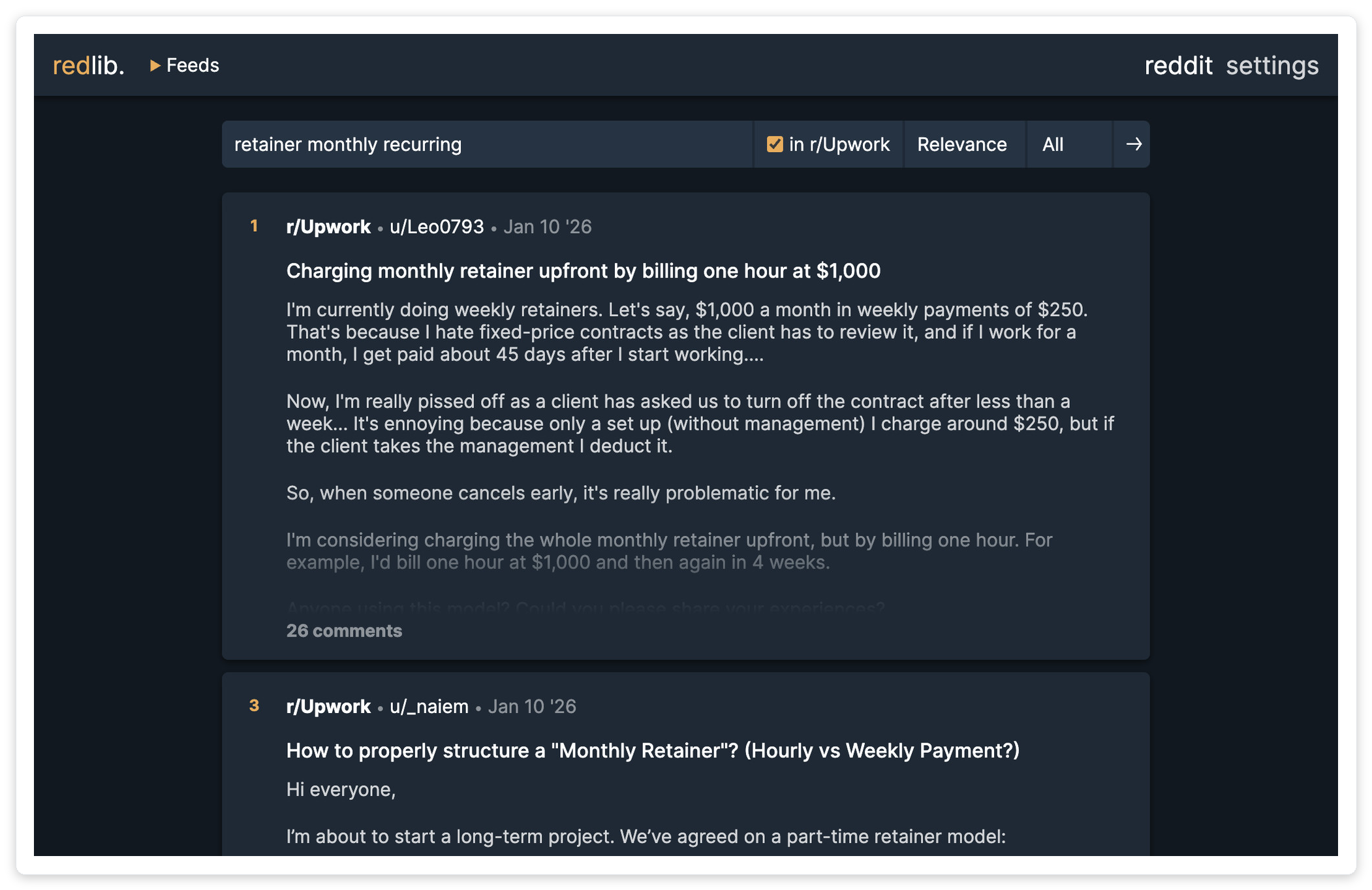 Reddit r/Upwork search results showing two posts about monthly retainer billing struggles including charging retainer upfront and structuring hourly vs weekly payment for recurring contracts