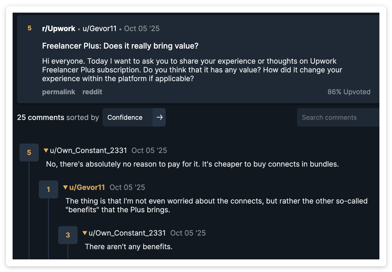 Reddit thread discussing Upwork Connect costs in 2026