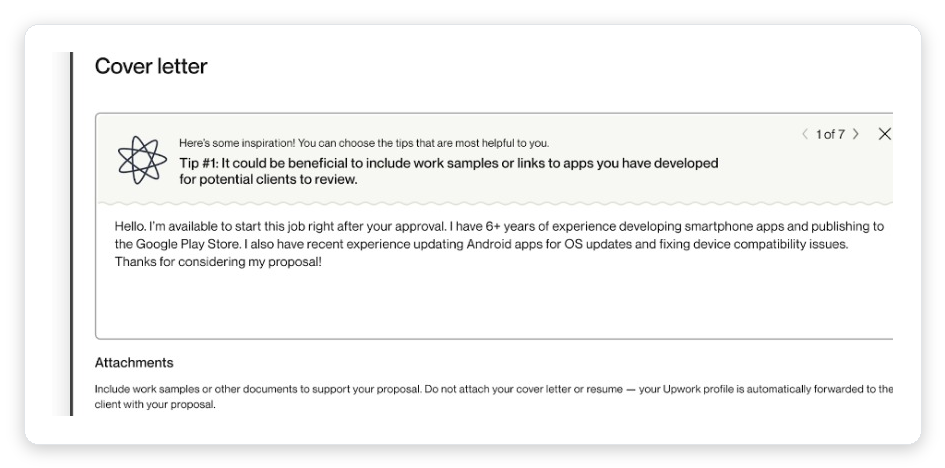 Upwork proposal Cover letter input field with AI inspiration tip and attachments section