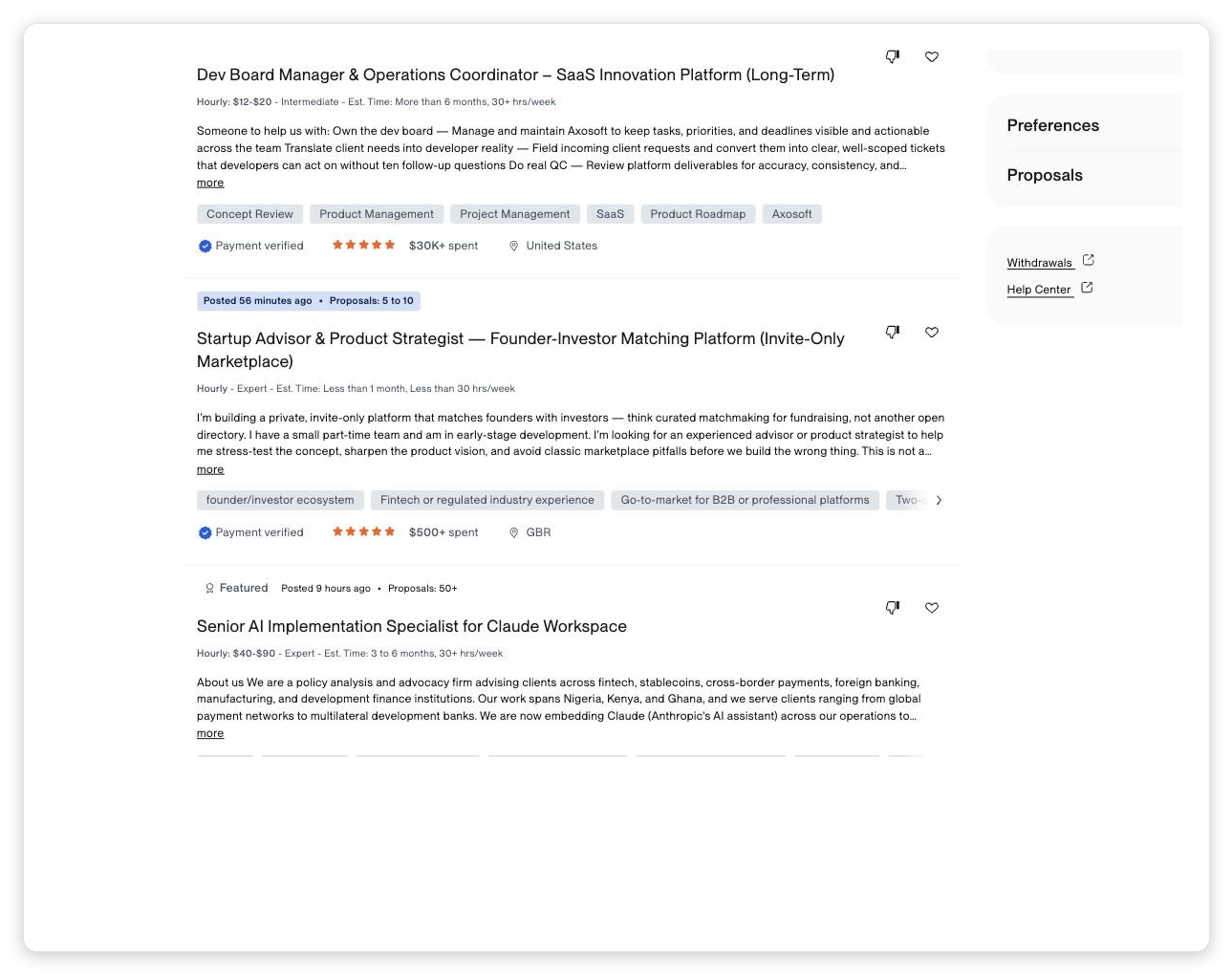 Upwork Best Matches job feed showing three live client postings with verified budgets ($30K+, $500+, $40-$90/hr) and proposal counts, illustrating real-time inbound B2B services demand on the Upwork marketplace