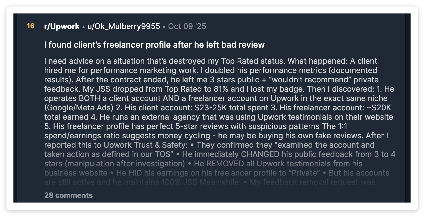 Reddit r/Upwork post: agency owner's JSS dropped from Top Rated to 81% after client left unfair private feedback, lost Top Rated badge despite delivering doubled performance metrics