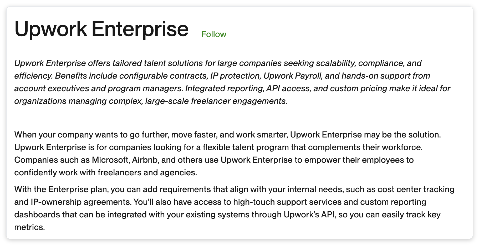 Upwork Enterprise help-center page citing Microsoft and Airbnb as Enterprise customers