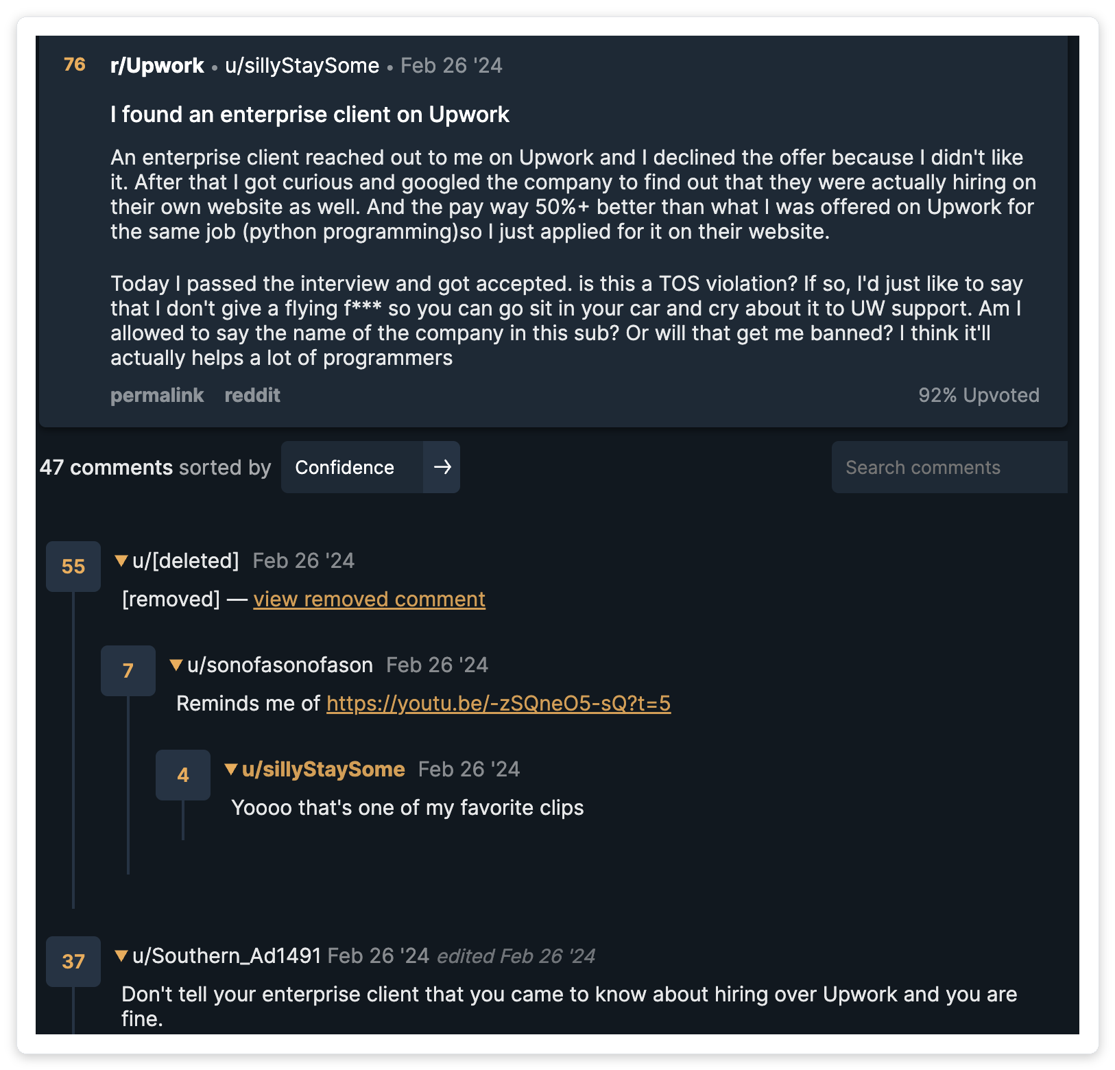 Reddit r/Upwork thread showing an Enterprise client offered 50% less than the same role posted on the company's own careers site