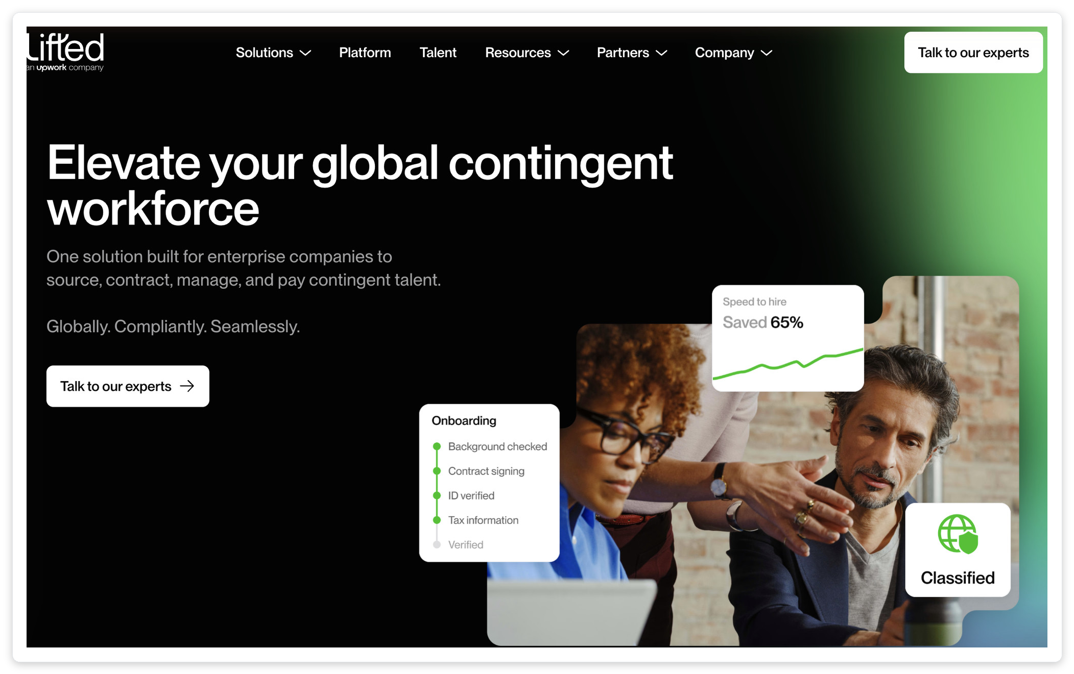 Lifted homepage hero showing the 'an Upwork company' lockup and 'Elevate your global contingent workforce' tagline