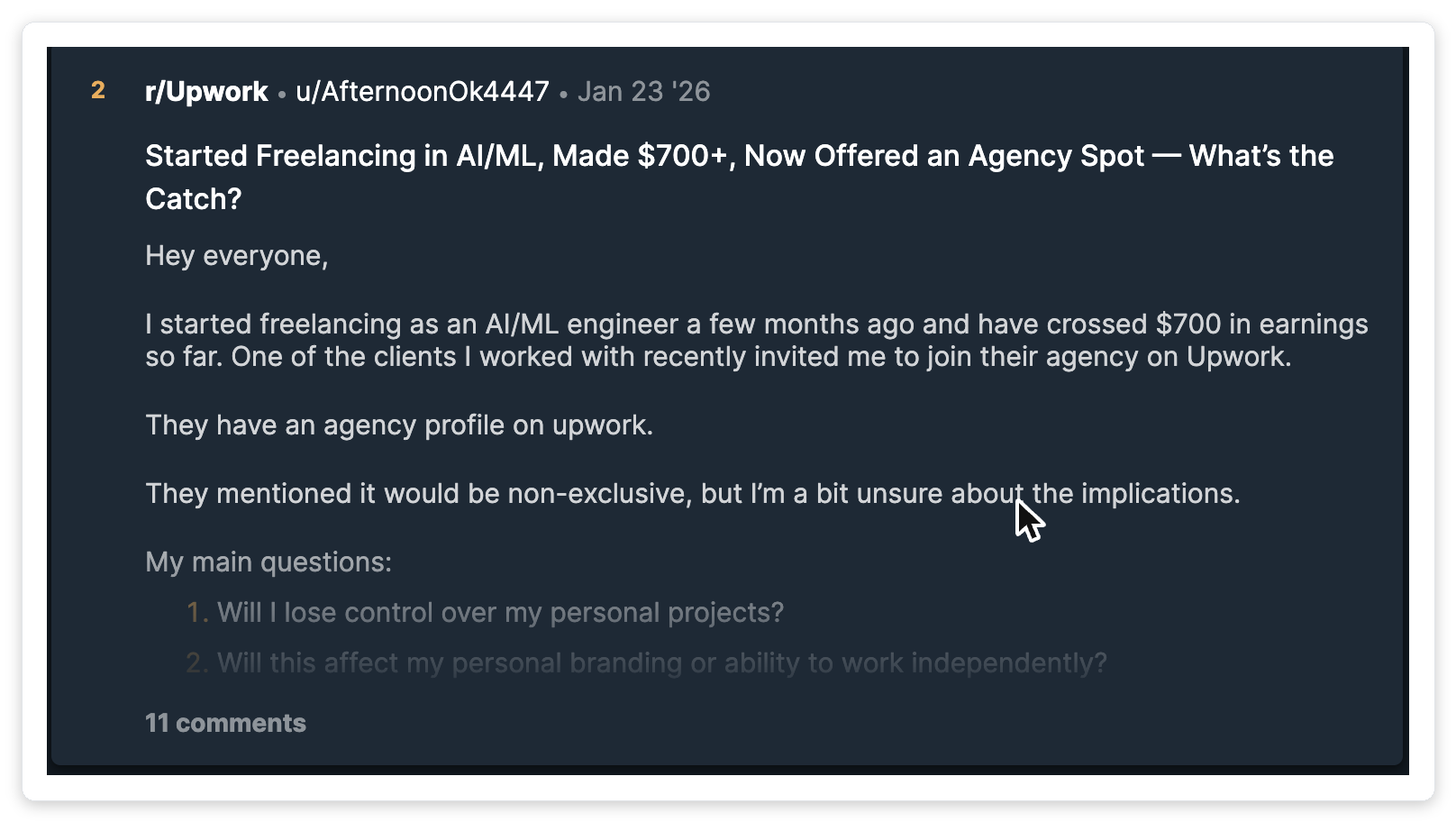 Reddit r/Upwork: freelancer asking about non-exclusive agency implications