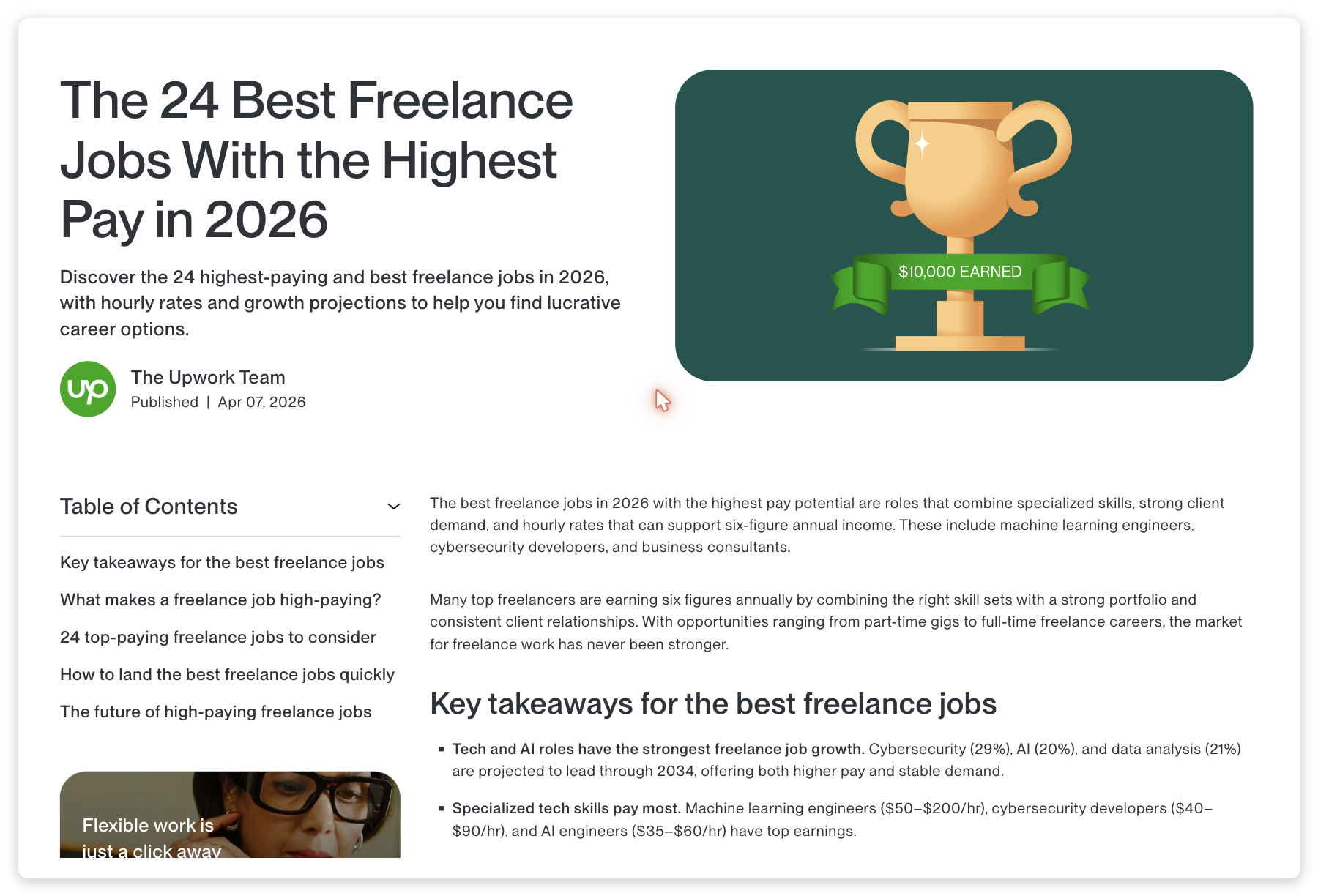 Screenshot of Upwork's '24 Best Freelance Jobs With the Highest Pay in 2026' page, highlighting ML Engineers at $50-$200/hr, Cybersecurity at $40-$90/hr, AI Engineers at $35-$60/hr.