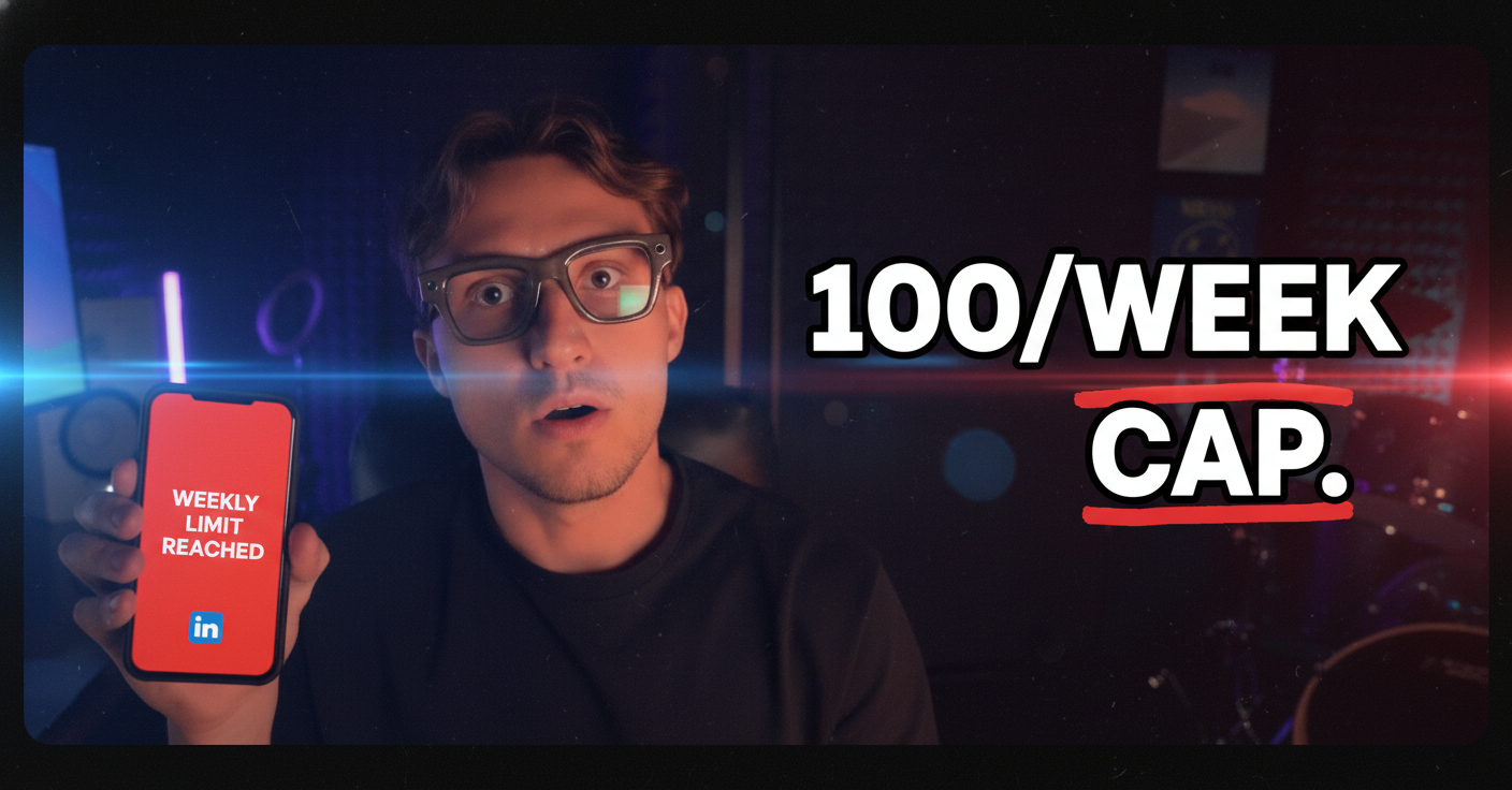 Vadym Ovcharenko reacting to a LinkedIn weekly invitation limit reached warning on his phone, with a comparison card showing Upwork as the safer outbound channel for agencies