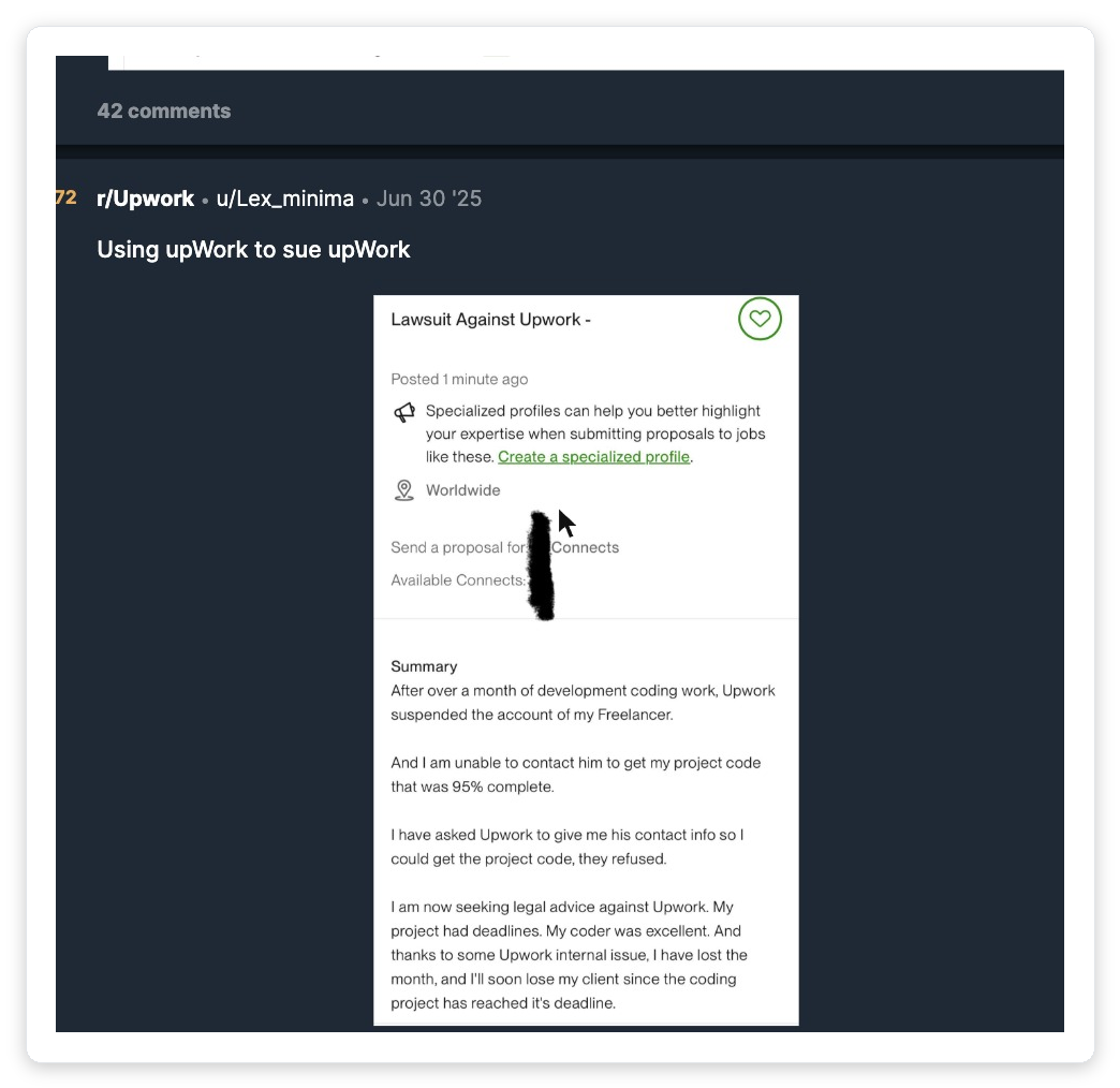 Real agency owner on r/Upwork describing their Freelancer's account suspension and the lost project access that followed