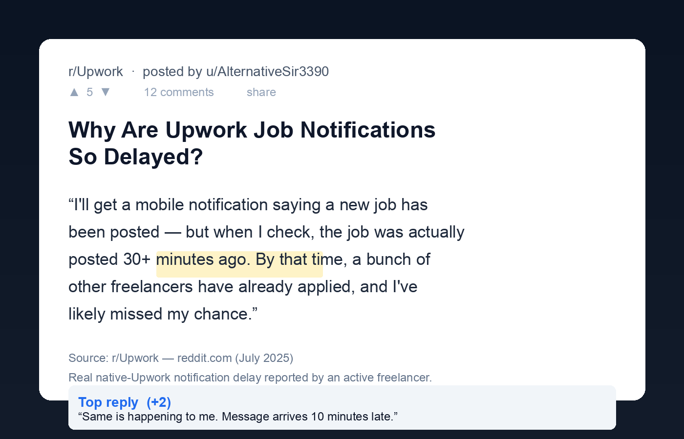 Reddit r/Upwork thread: 'Why Are Upwork Job Notifications So Delayed?': freelancer reports 30+ minute lag on native push.