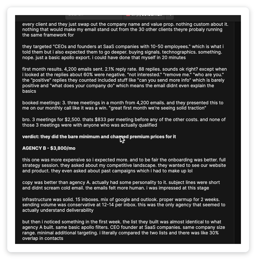 Reddit r/coldemail thread describing how multiple cold email agencies delivered identical, undifferentiated Apollo exports with 30% contact overlap