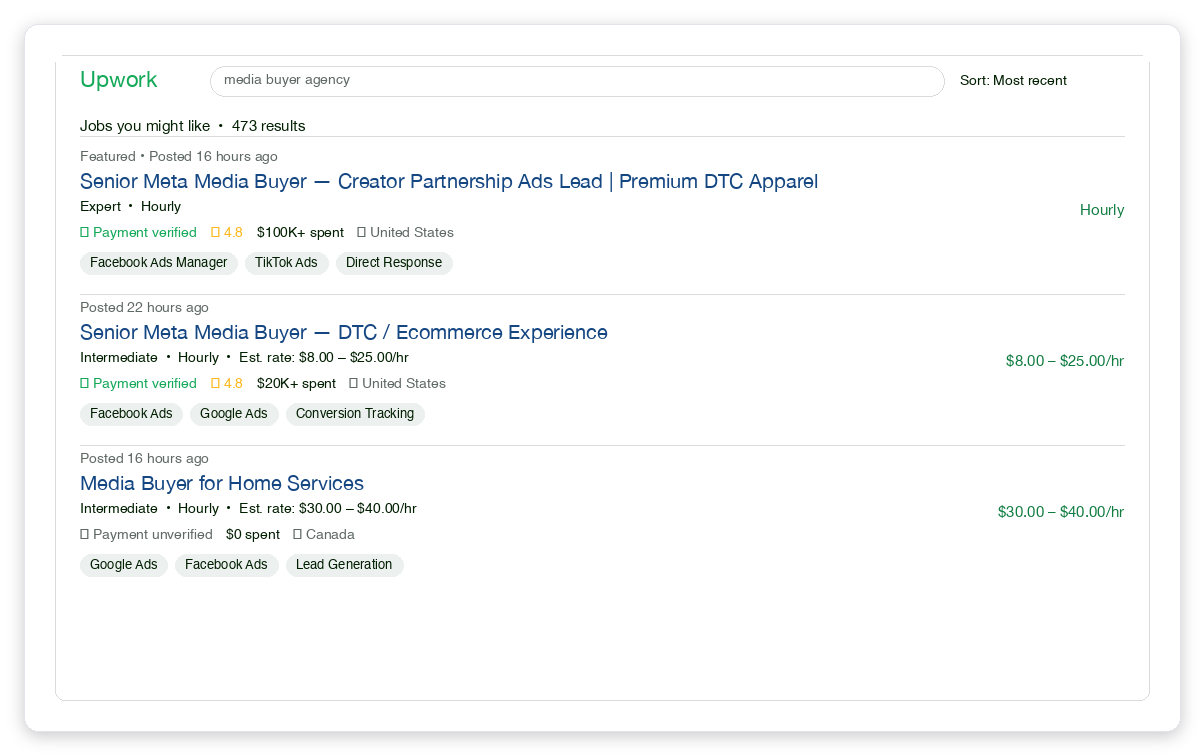 Upwork search results for media buyer agency showing three live job postings with rates from $8 to $40 per hour