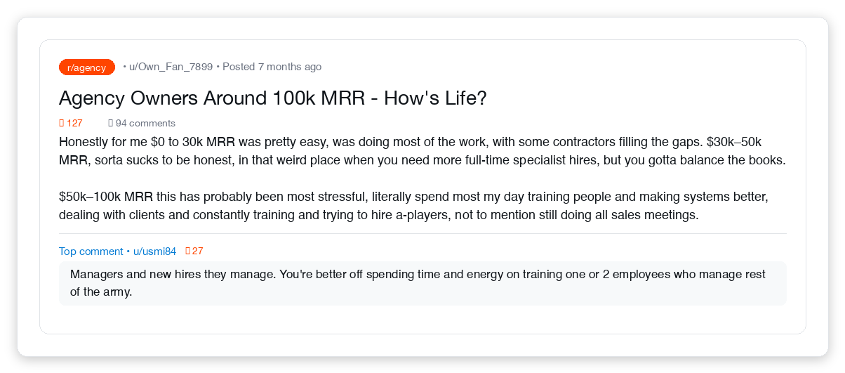 Agency owner Reddit post discussing when to hire full-time specialists vs stay lean with contractors at different MRR stages