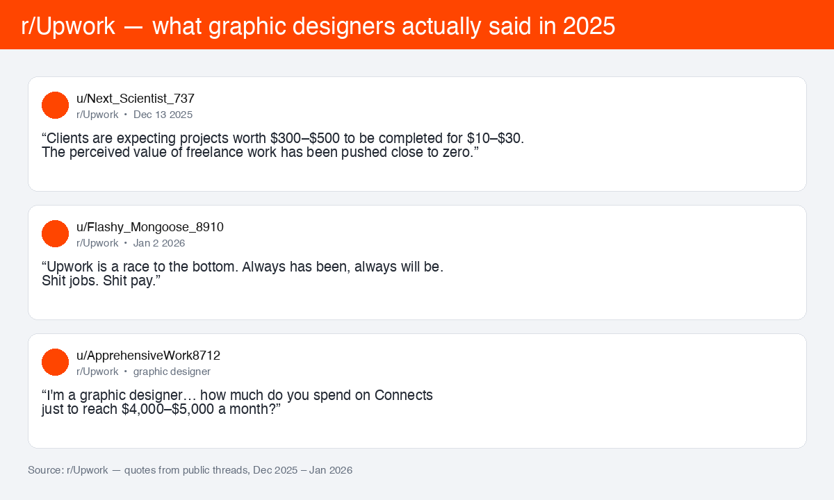 Reddit quotes from r/Upwork graphic designers complaining about $5 to $30 budgets and race-to-the-bottom pricing in 2025