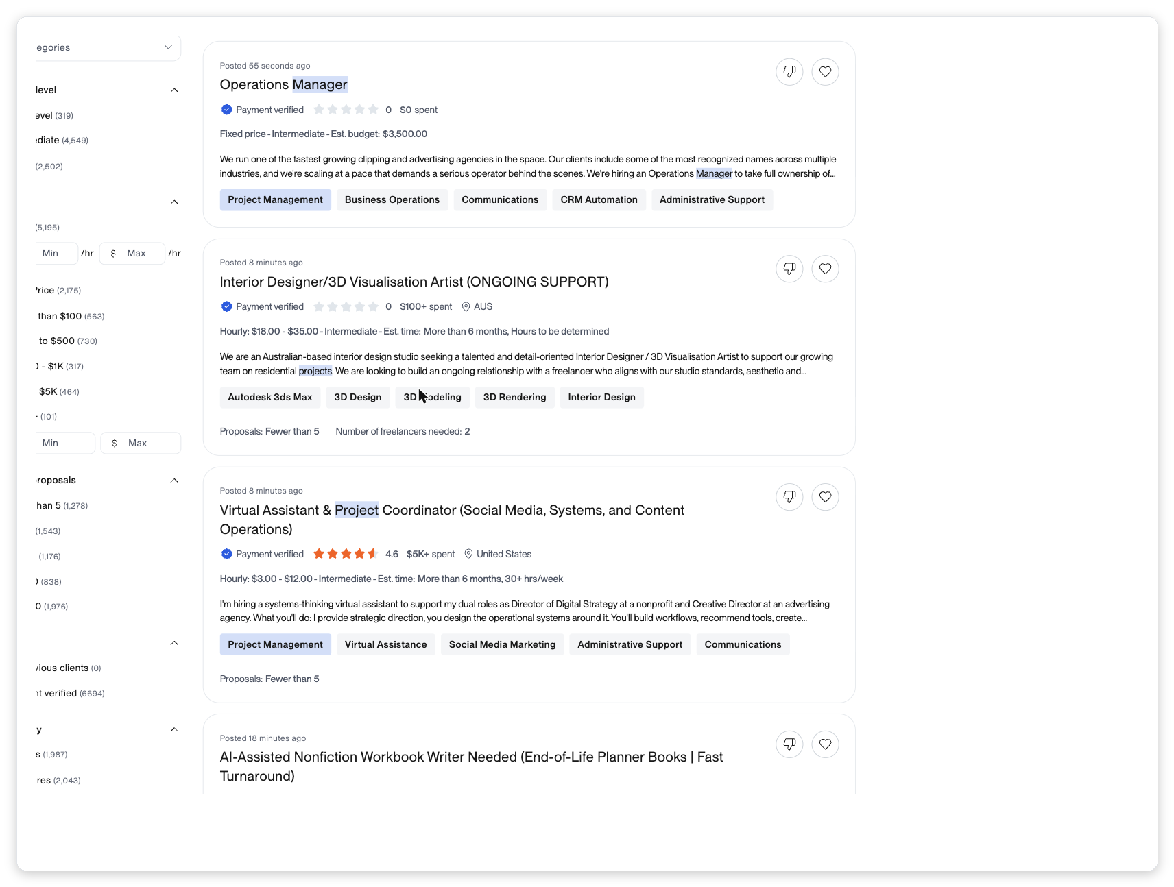 Upwork search results showing live project management jobs with rate ranges and client signals