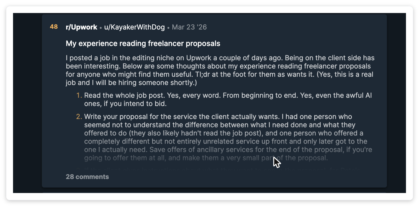 Screenshot of a top r/Upwork thread by u/KayakerWithDog from March 23, 2026 titled 'My experience reading freelancer proposals': a client-side breakdown of what they actually want from proofreading bids: read the whole job post, write for the service the client actually asked for, follow specific instructions.