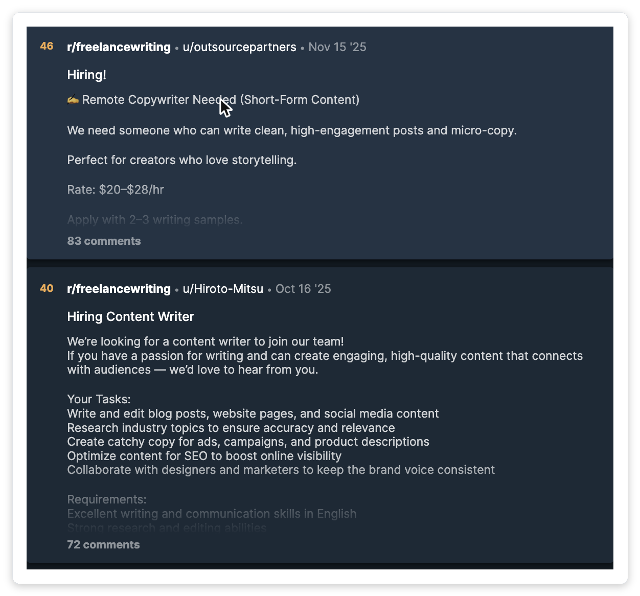Reddit r/freelancewriting hiring posts showing a short-form copywriter gig paying only $20 to $28 per hour, illustrating compressed content writing rates