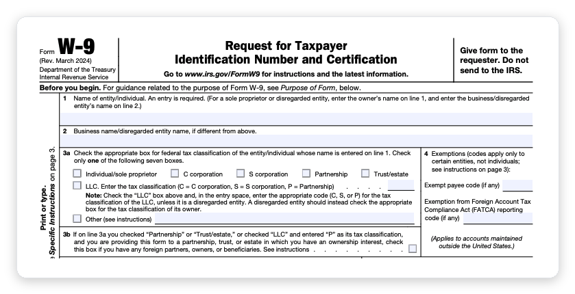 IRS Form W-9 line 1 name and line 3 federal tax classification boxes for sole proprietor, LLC, and S corporation