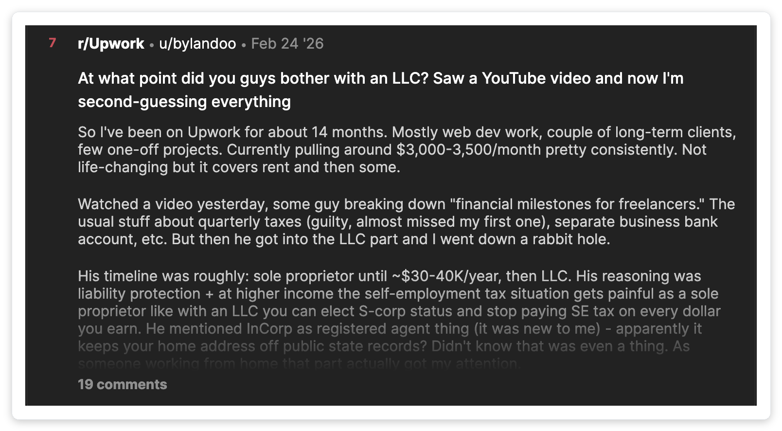Reddit r/Upwork freelancer second-guessing whether to register an LLC or stay a sole proprietor after watching a YouTube video