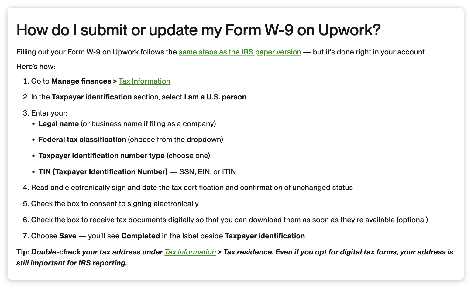 Upwork support page showing the W-9 legal name and federal tax classification fields you fill out under Manage finances and Tax Information