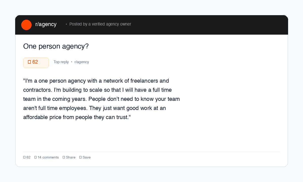 r/agency top comment about running a one-person agency with contractors