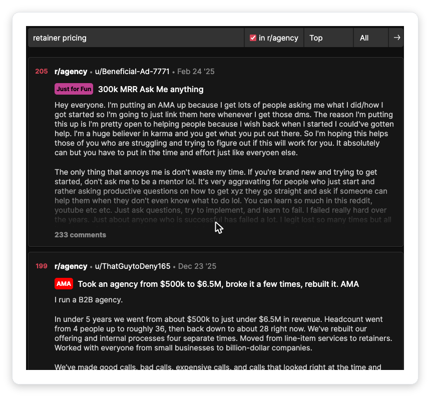 r/agency owners discussing retainer pricing and the shift from line-item services to retainers