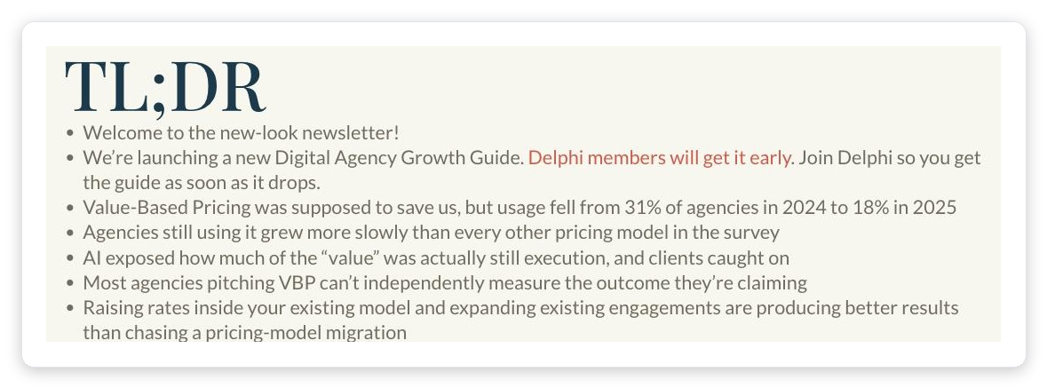 Promethean Research: value-based pricing adoption fell from 31% to 18% among agencies, and remaining users grew slower than every other pricing model