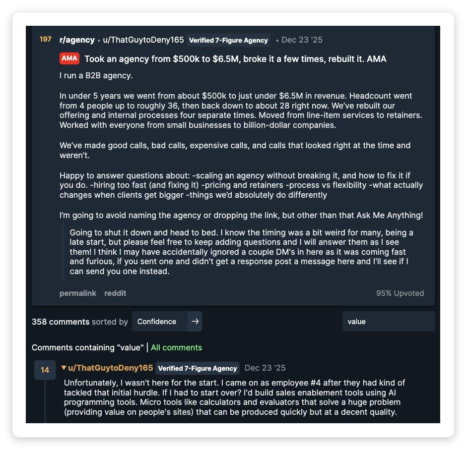 Reddit r/agency: a verified 7-figure B2B agency owner on moving from line-item pricing to retainers and what pricing changes as clients get bigger
