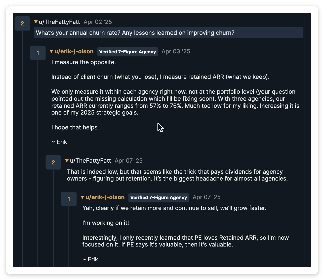 Reddit r/agency thread where a verified seven-figure agency owner discusses client churn and revenue retention, calling client retention the biggest headache for almost all agencies