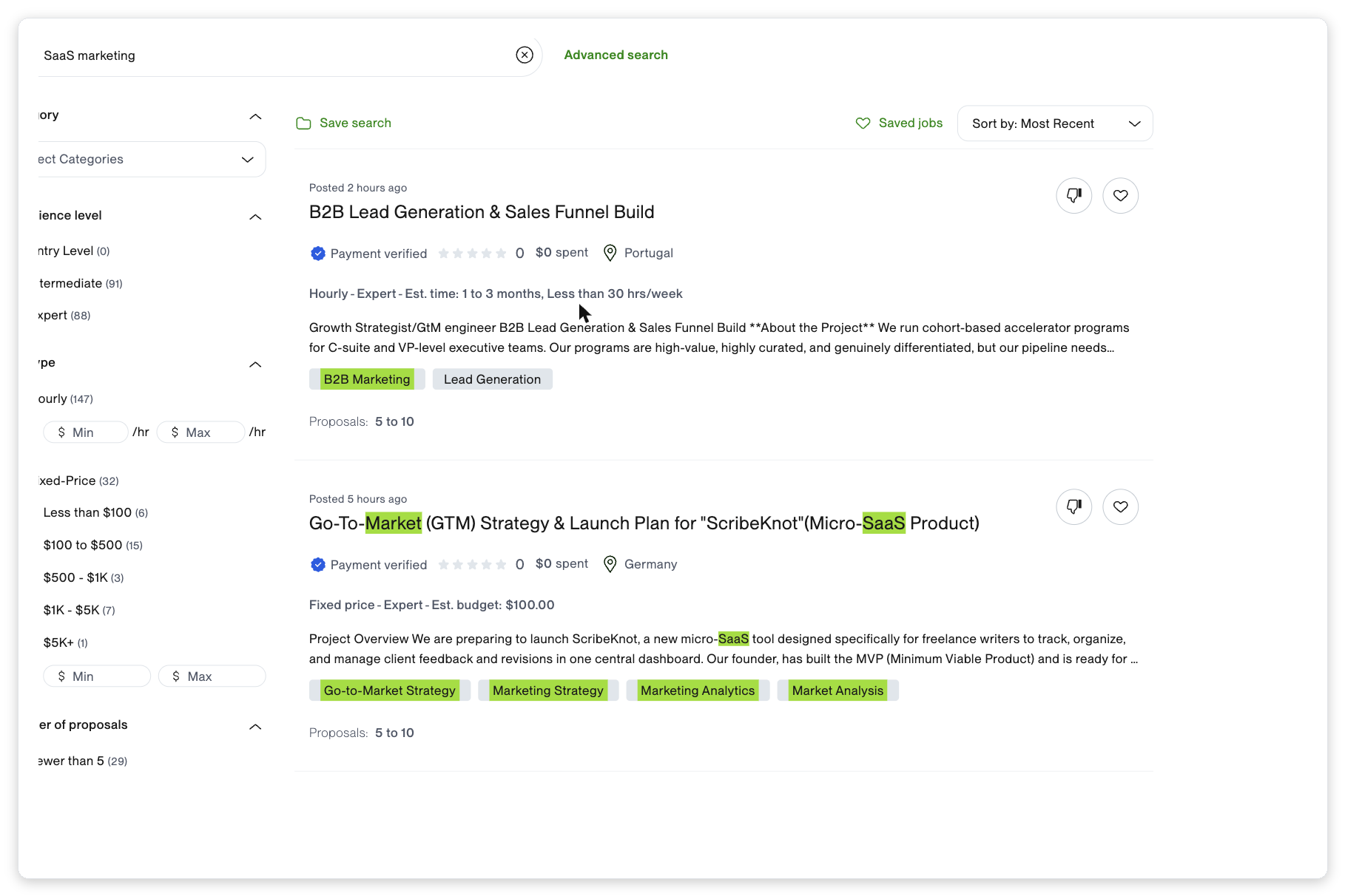 Upwork job search for 'SaaS marketing' showing verified SaaS marketing and go-to-market job posts from SaaS founders looking to hire agencies and fractional marketers.