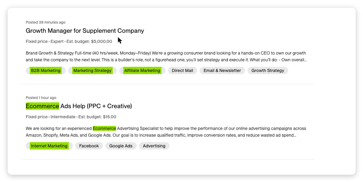 Upwork job search results showing DTC ecommerce brands posting marketing and PPC jobs for Shopify, Meta Ads, and Google Ads