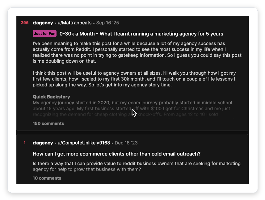 Reddit r/agency threads where marketing agency owners discuss scaling revenue and finding ecommerce clients
