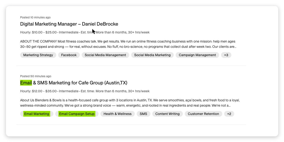 Upwork results for Klaviyo and email marketing jobs showing long-term ecommerce email and SMS retention retainers