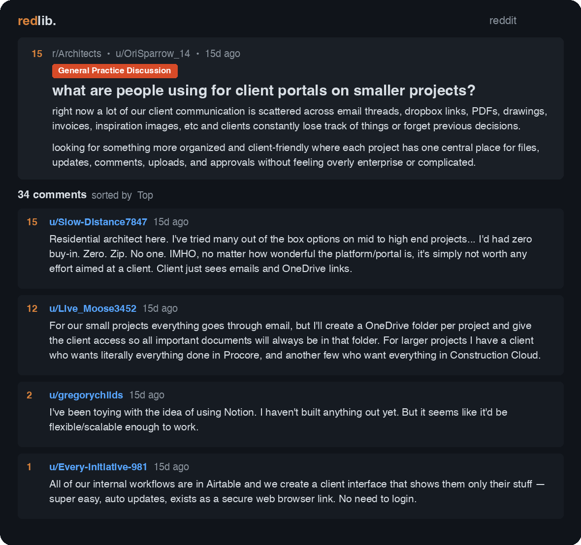 Reddit thread where agency and project owners debate client portal software versus email and OneDrive, with replies citing low client buy-in for dedicated portals