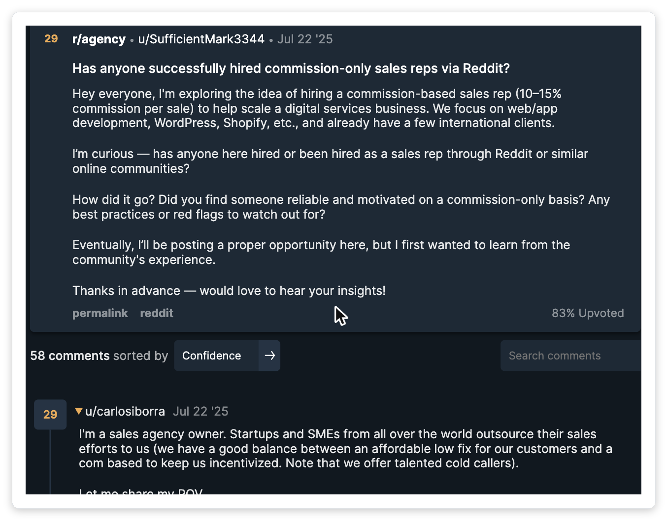 Reddit r/agency thread where a digital-agency owner asks whether to make his first commission-only sales hire to stop doing founder-led sales himself