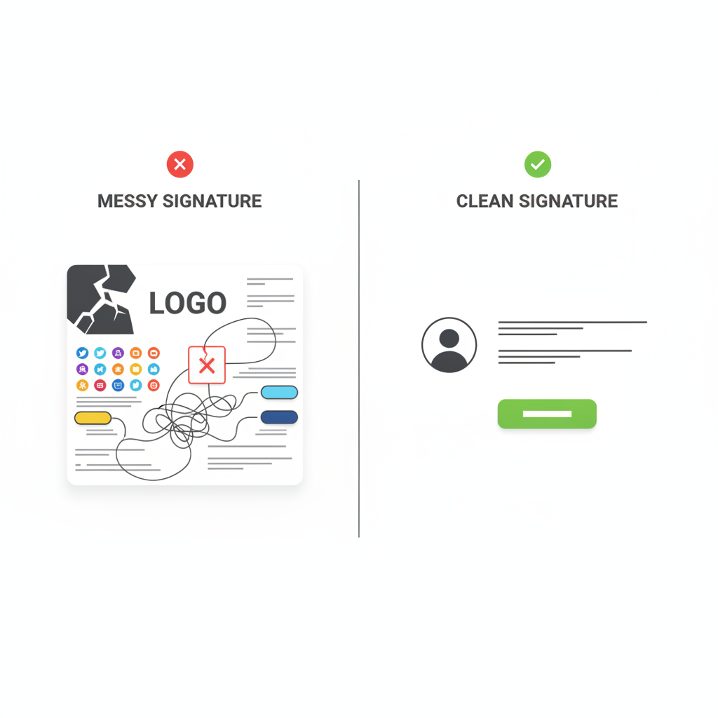 Side-by-side infographic comparing a messy, image-heavy email signature with a red X against a clean, minimal email signature with a green check