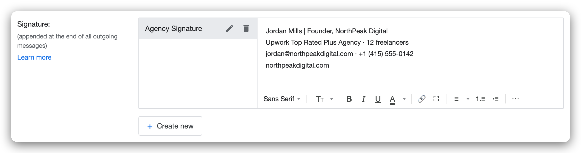 Gmail Settings signature editor showing an Upwork agency email signature being created in the rich-text box with the formatting toolbar