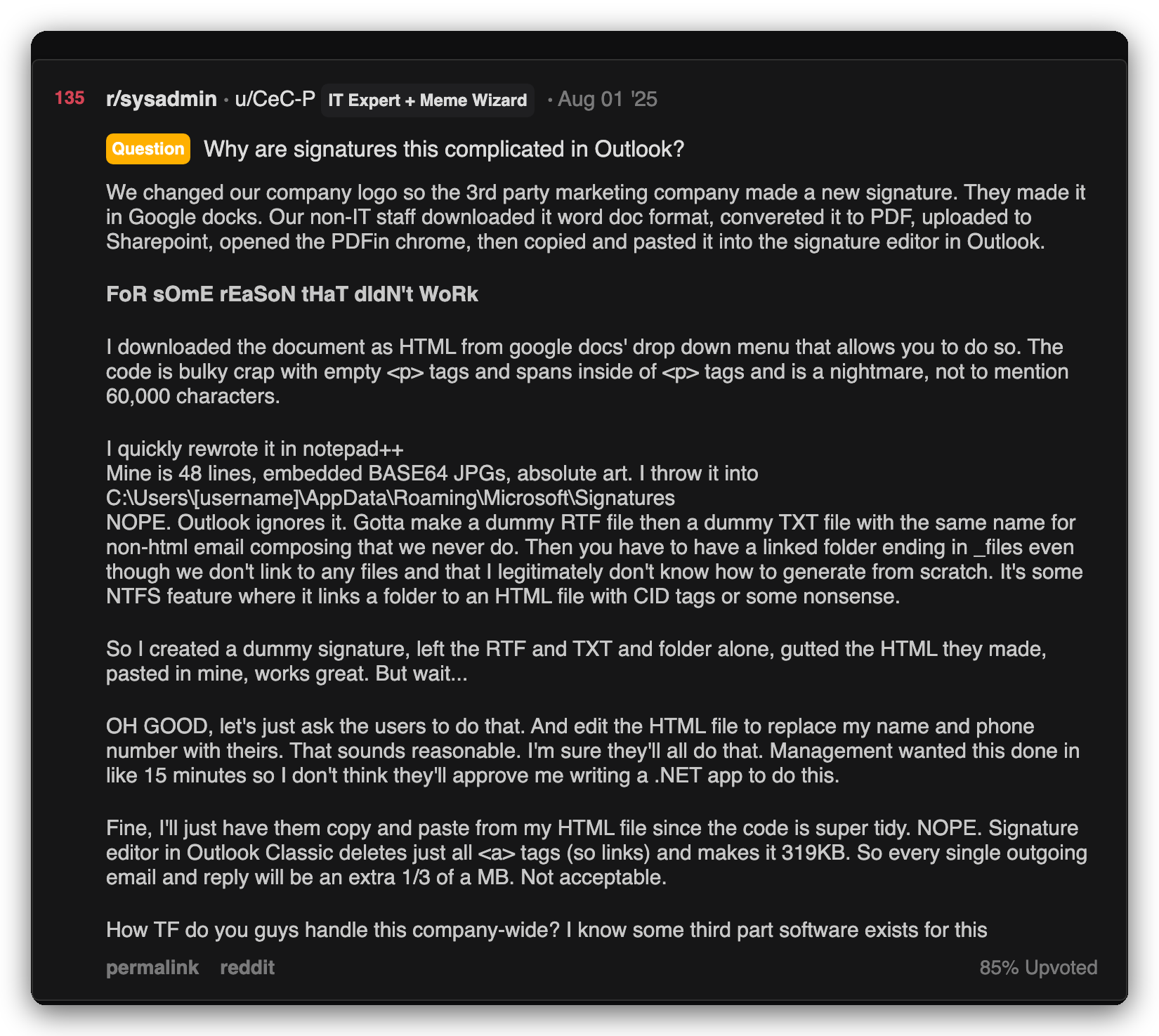 Reddit r/sysadmin thread titled Why are signatures this complicated in Outlook describing how painful it is to build a working HTML email signature manually