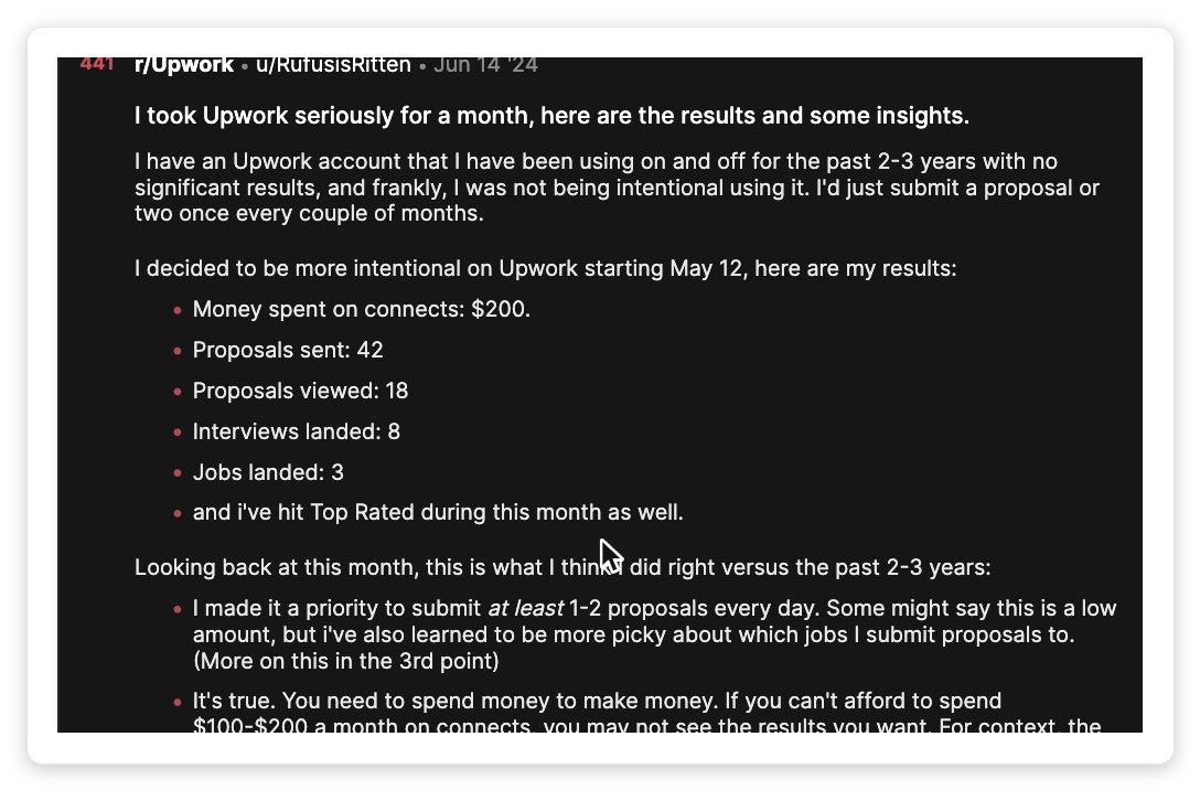Reddit r/Upwork post showing a real Upwork win rate funnel: 42 proposals sent, 18 viewed, 8 interviews, 3 jobs landed in one month